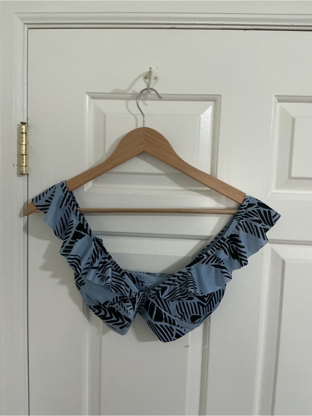 Aerie Light Blue Ruffled Bikini Top with Black Print